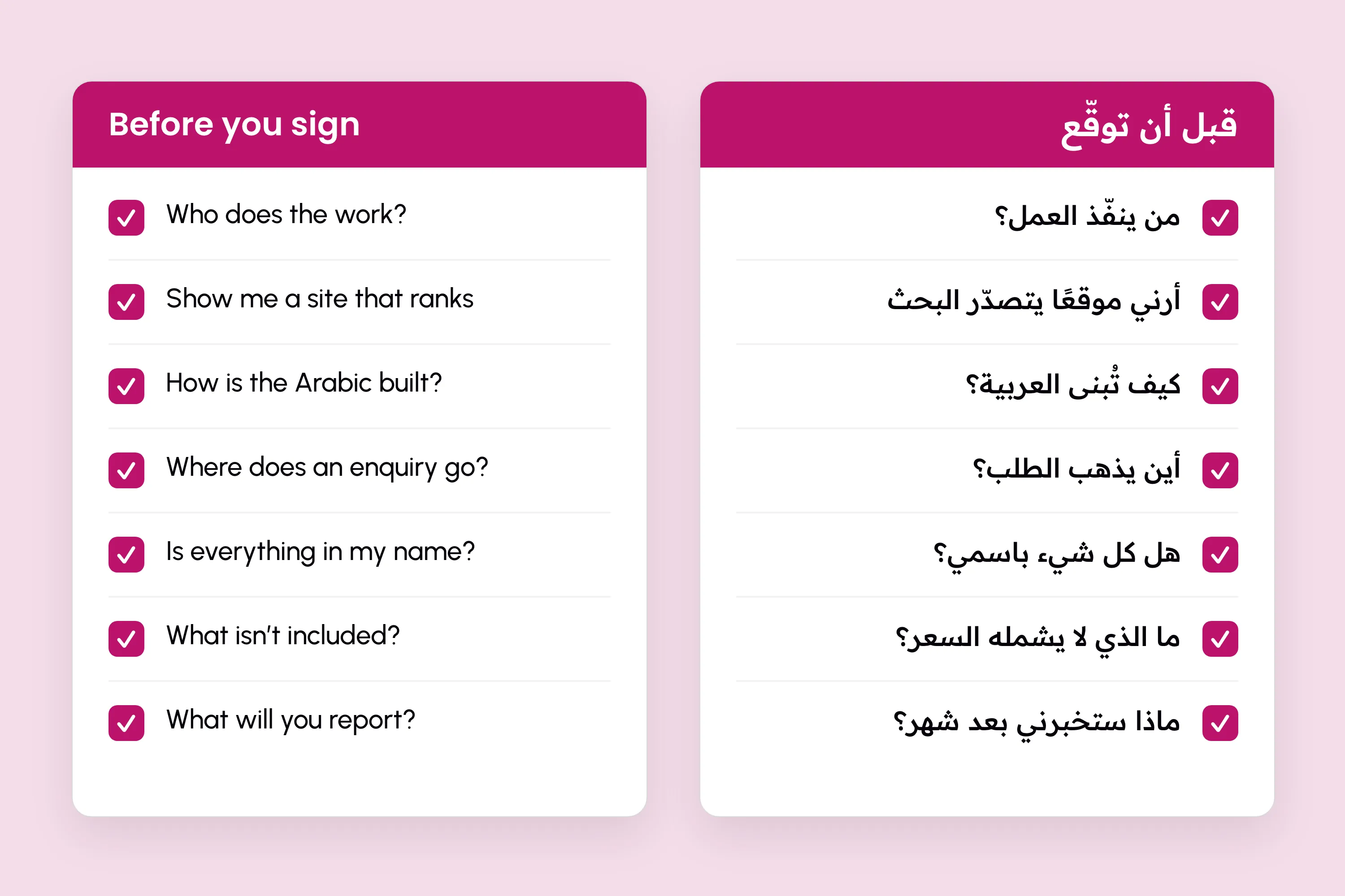 سبعة أسئلة تطرحها على شركة تصميم المواقع في قطر قبل أن توقّع، في قائمة بالعربية والإنجليزية