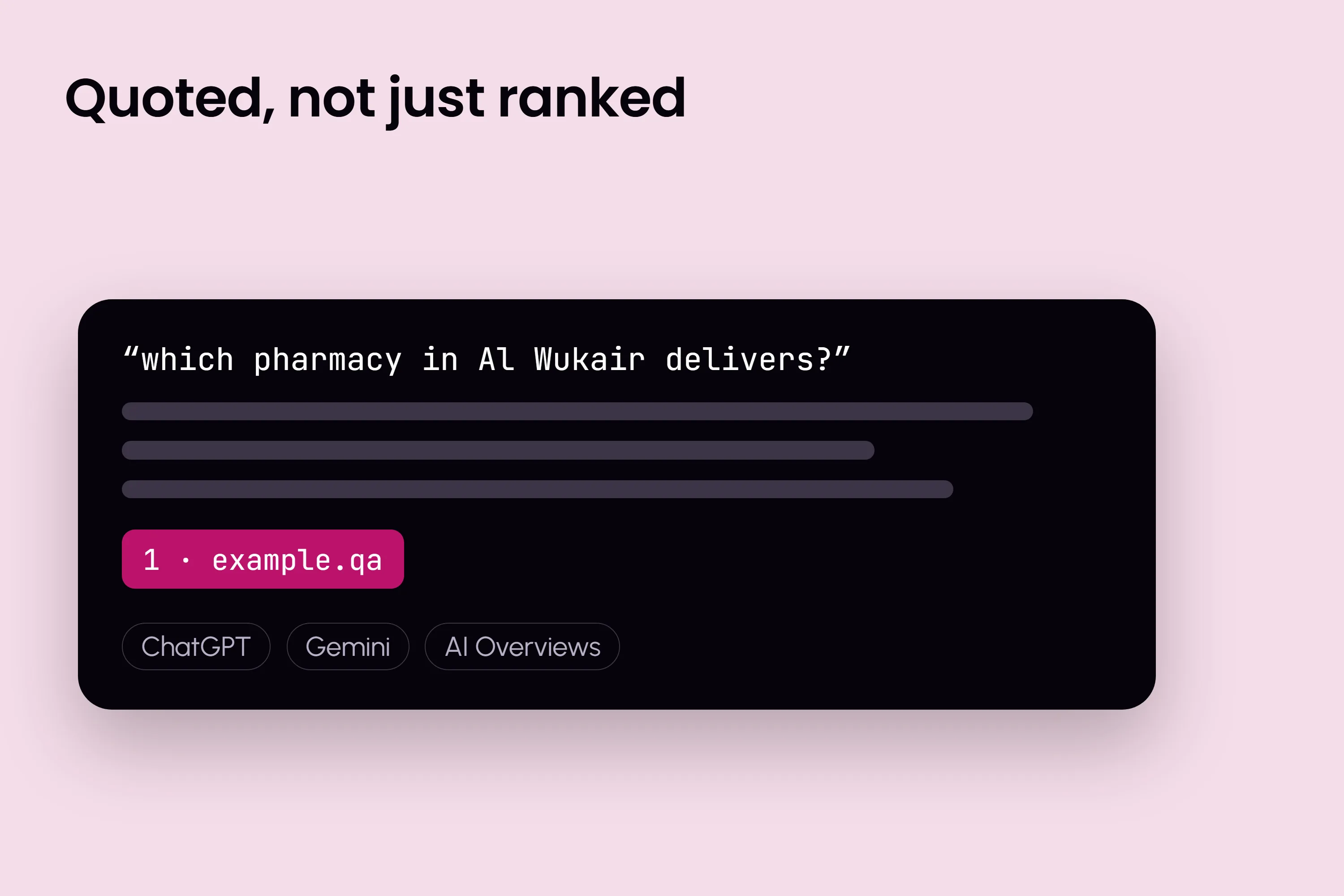 An AI answer to “which pharmacy in Al Wukair delivers?” citing the site first, in ChatGPT, Gemini and Google's AI Overviews