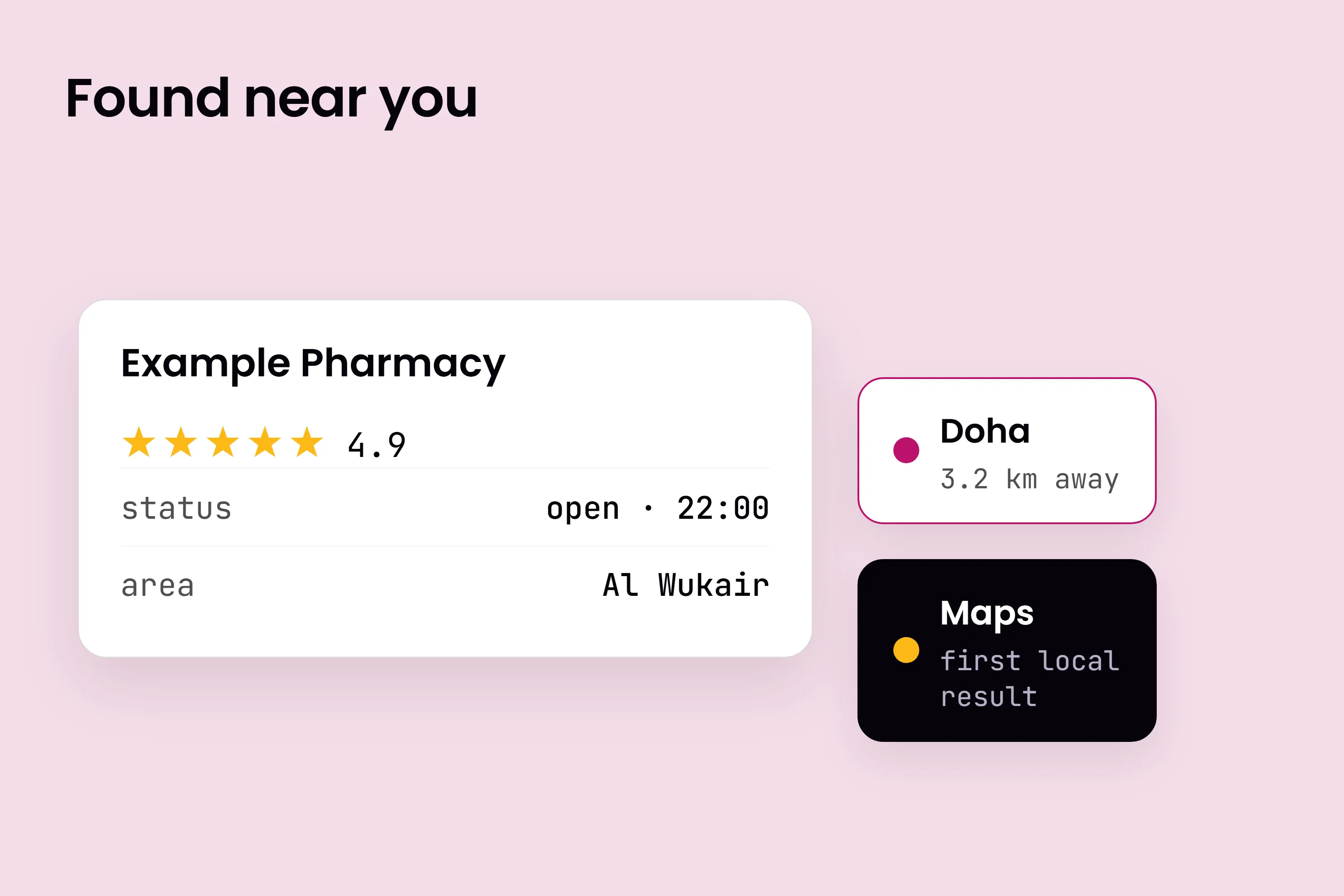 A pharmacy's listing in Doha shown as the first local result on the map: 4.9 stars, open until 22:00, 3.2 km away
