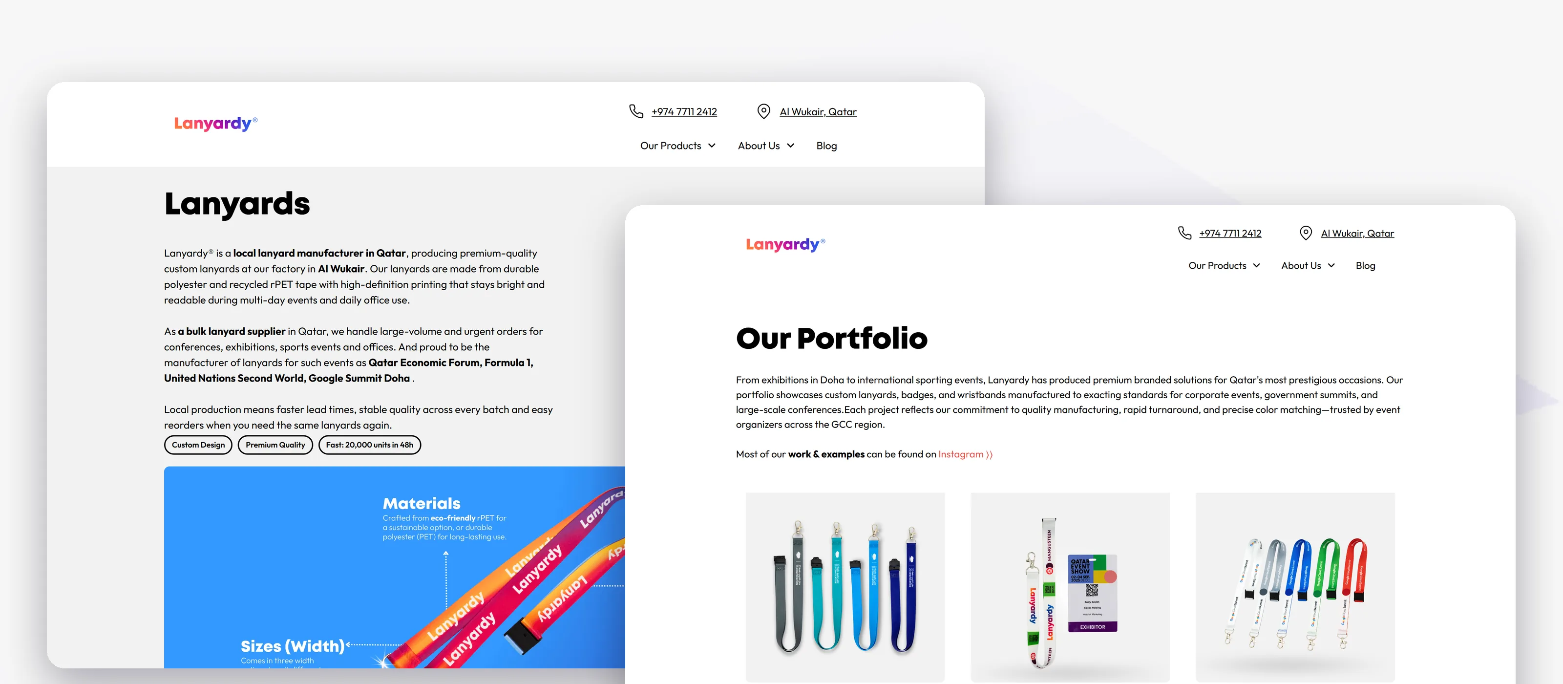 Lanyardy — the Lanyards product page with its specification table behind the CMS-driven portfolio of events