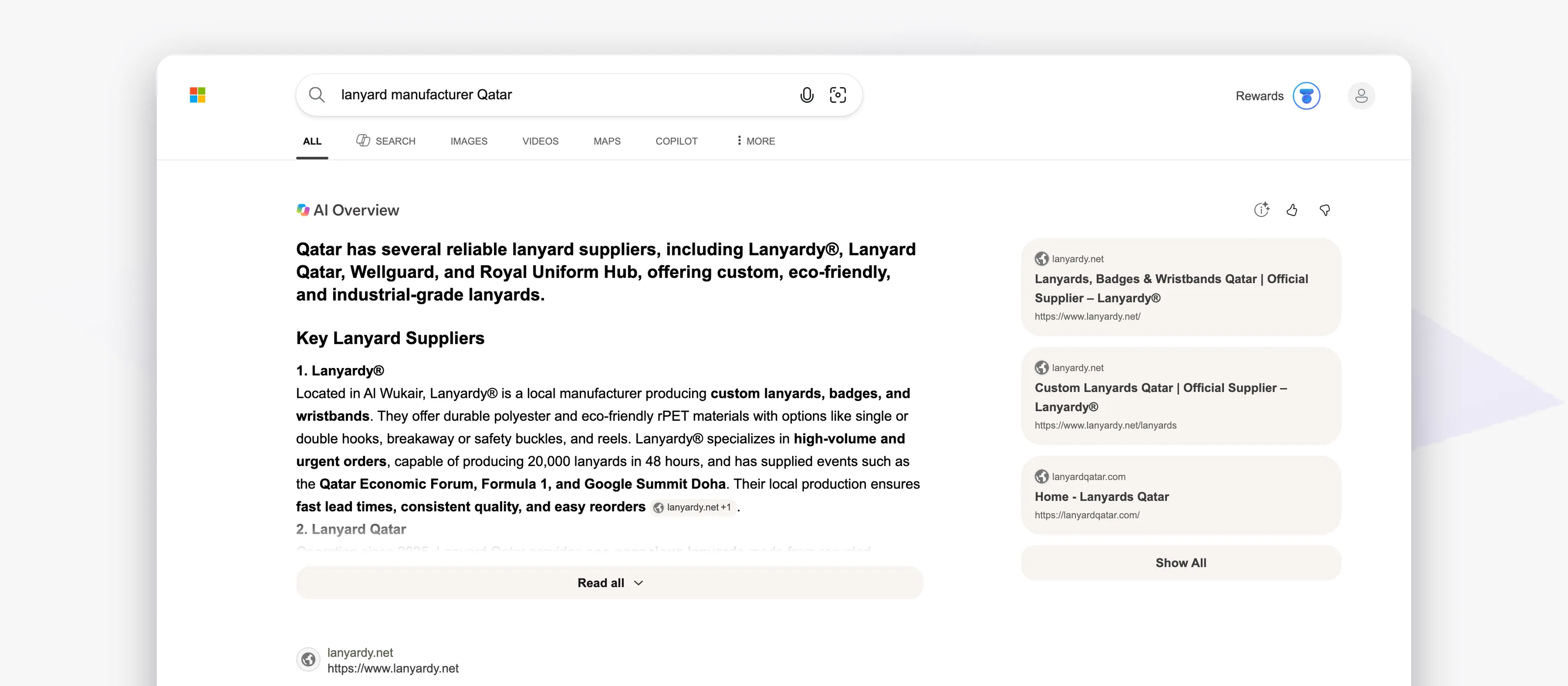 Bing for “lanyard manufacturer Qatar”, 11 September 2026: the AI overview names Lanyardy first, and Lanyardy holds the first two organic results.